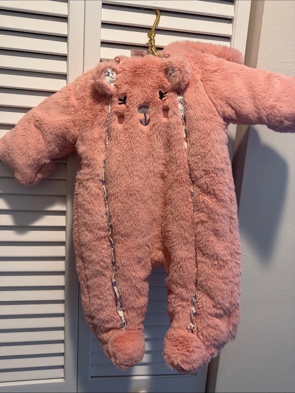 One-Piece Hooded Snowsuit - Pink Plush Bear With Front Zippers